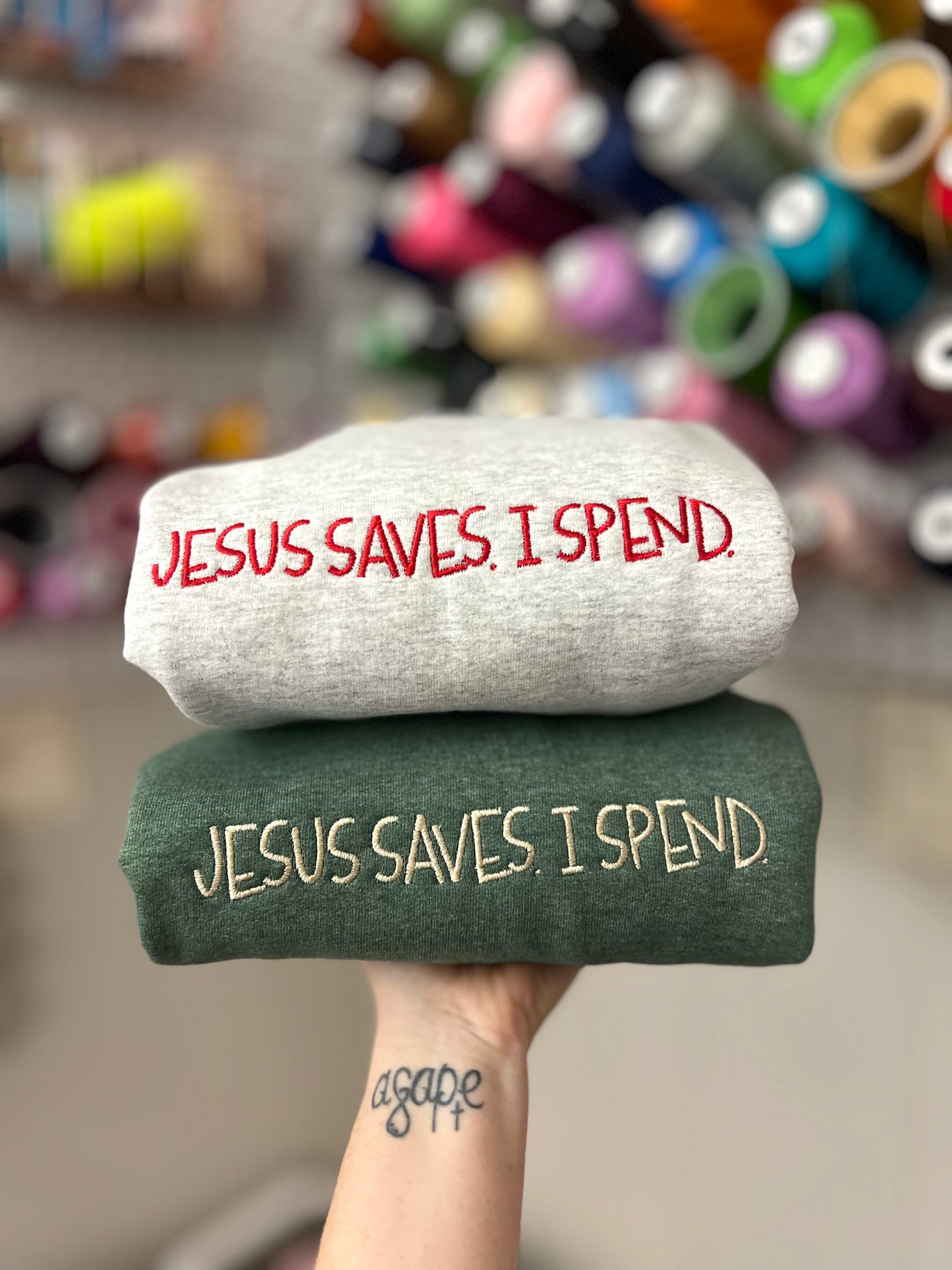 Jesus Saves. I Spend. Tees & Crews