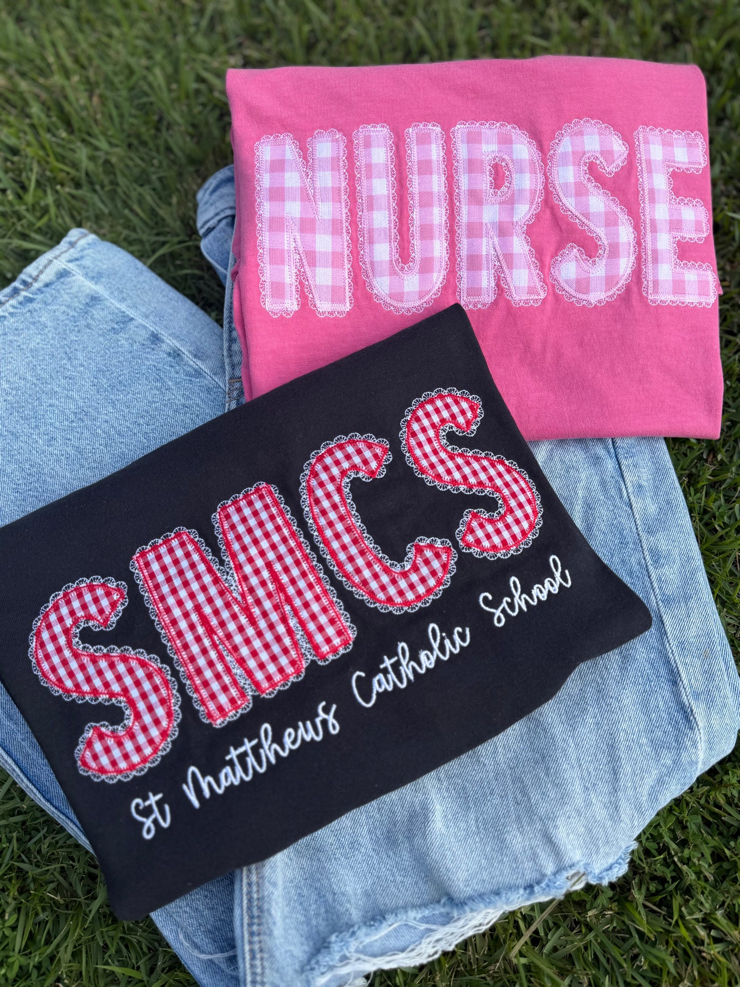 Custom Gingham Lace Applique Tee's & Crews